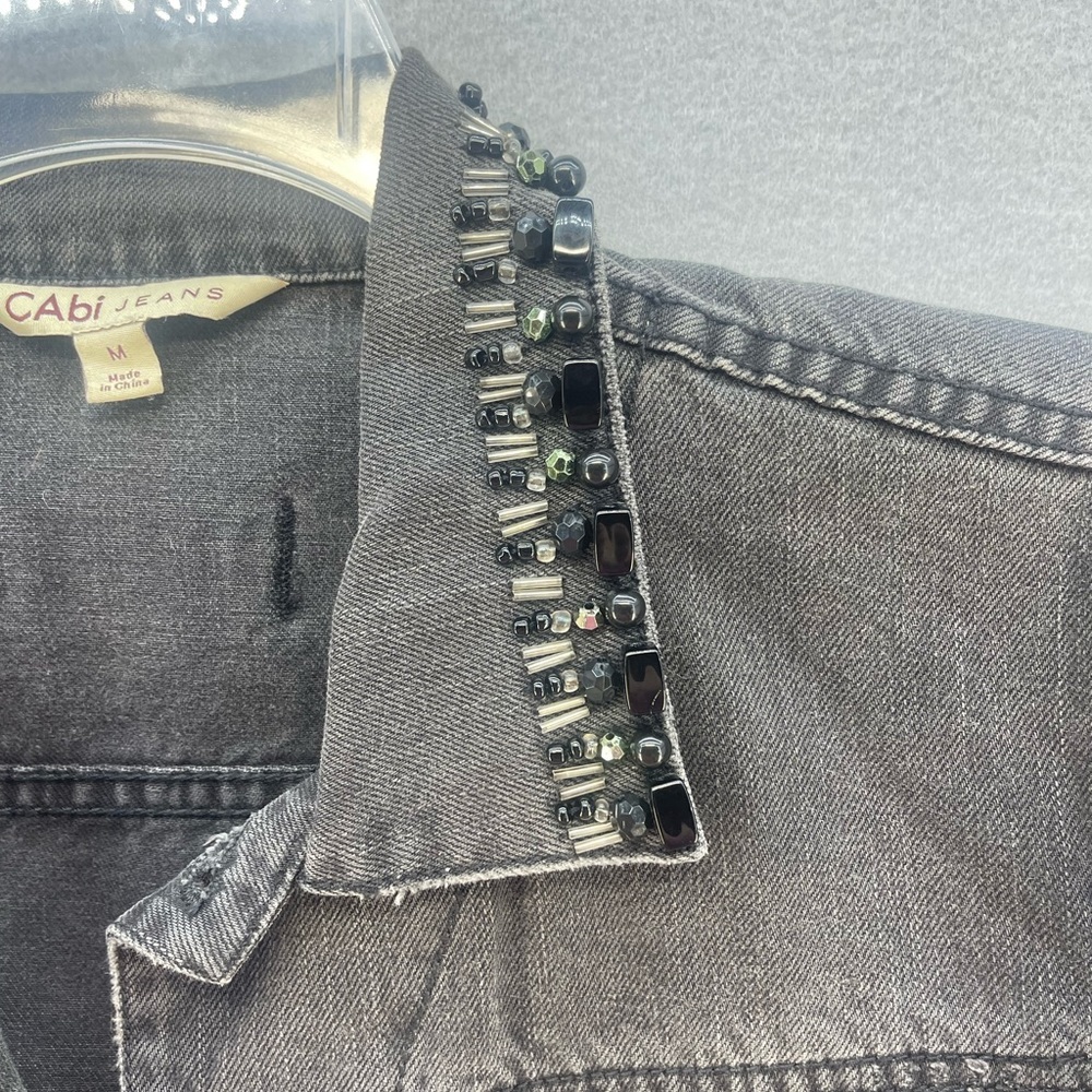 CAbi Jeans Black Distressed Jean Jacket with Beaded Collar Women’s Size Medium - Picture 12 of 16